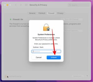  Enter your Mac’s password and click on Unlock